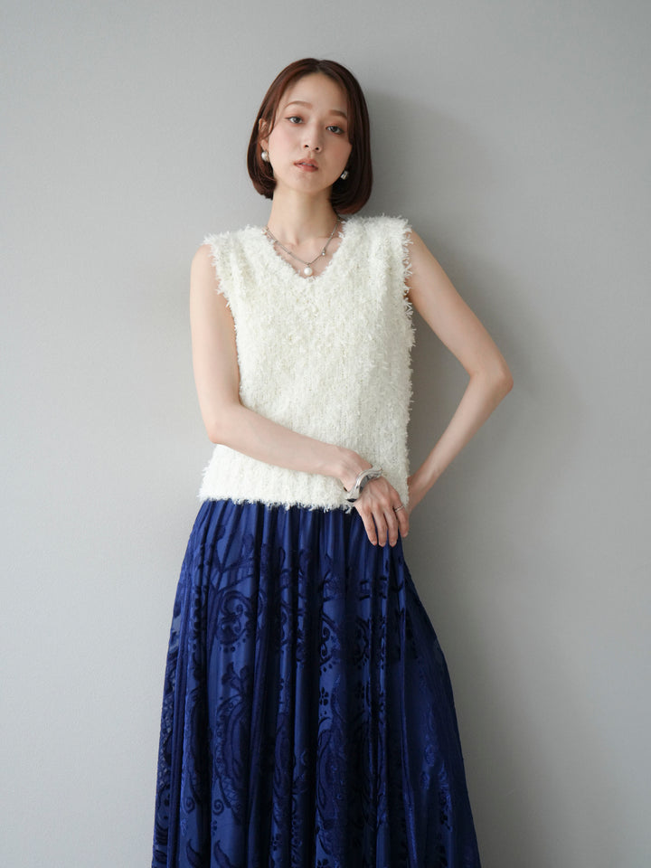 [SET]テープヤーンフリンジニットベスト+アンティーク柄フロッキーマキシスカート(2set)