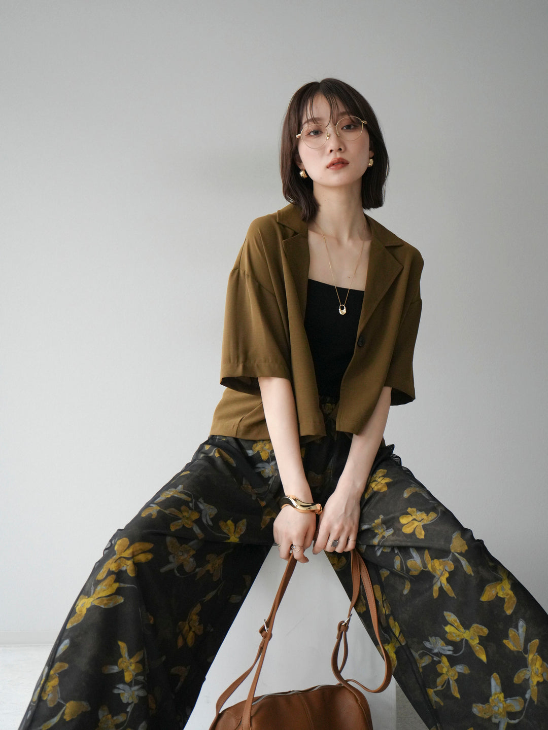 [SET]ハーフショートジャケット+フラワープリントチュールレイヤードパンツ(2set)