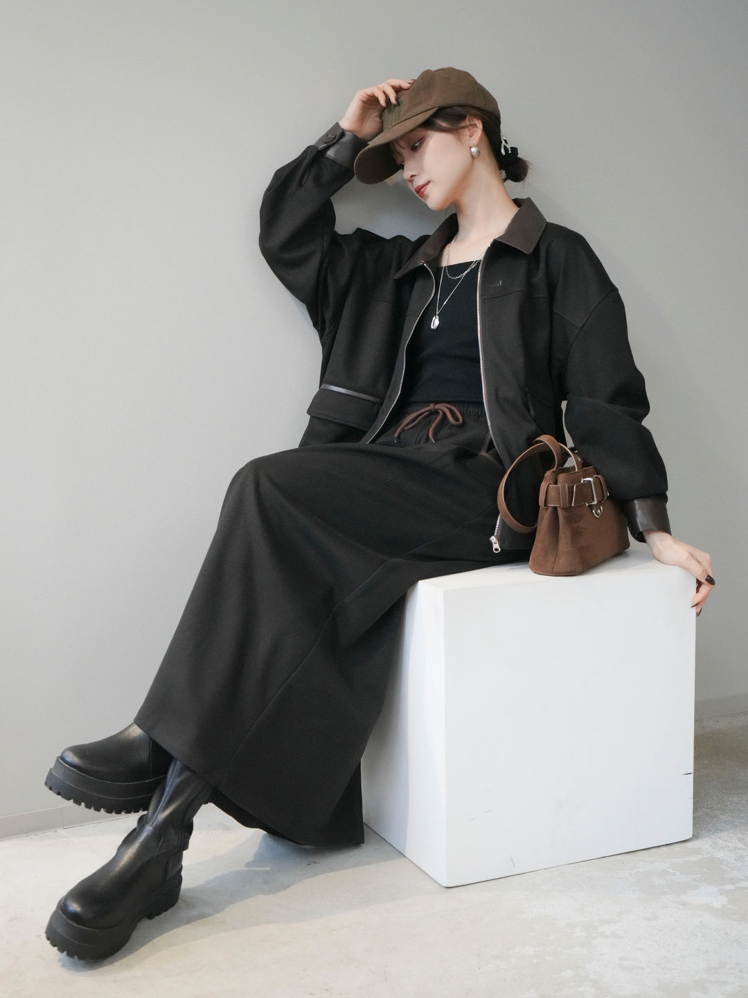 [予約]レザー襟配色パイピングブルゾン/black