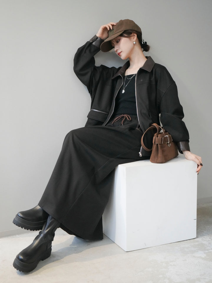 [予約]レザー襟配色パイピングブルゾン/black