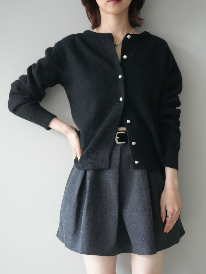 [SET]アンティークボタンニットカーディガン+ベルト付きタックミニスカート(2set)