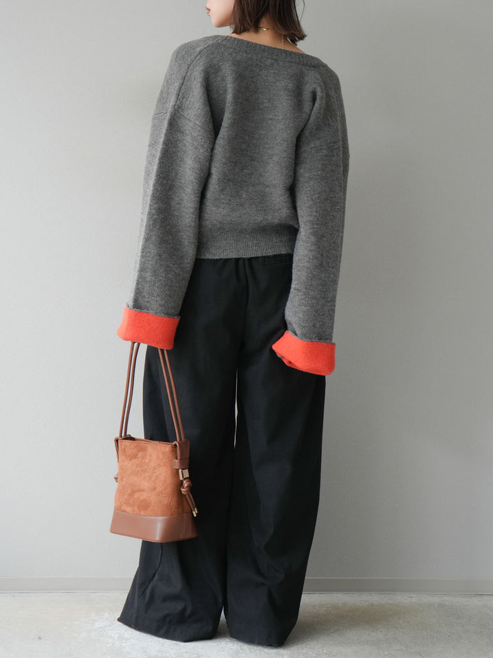 【SET】雙色針織開襟衫+褶襉設計寬褲（2套）