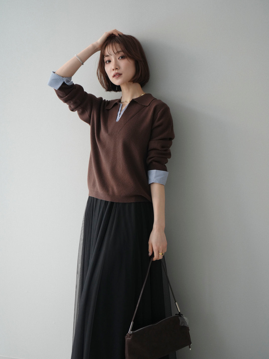 [予約]シャツレイヤードスキッパーニットプルオーバー/brown