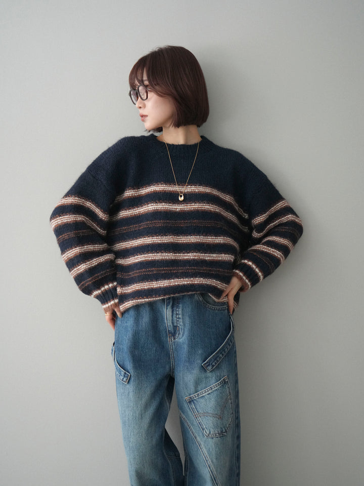 [予約]ステッチボーダーニットプルオーバー/navy
