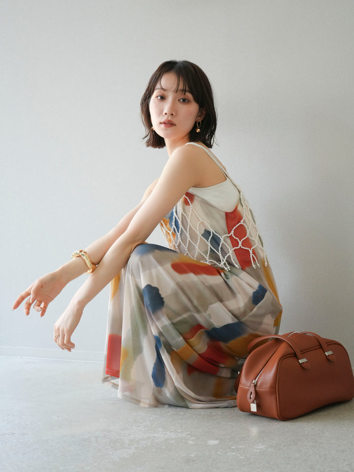 [SET]水彩アートシアーキャミワンピース+カップ付きバッククロスキャミソール(2set)