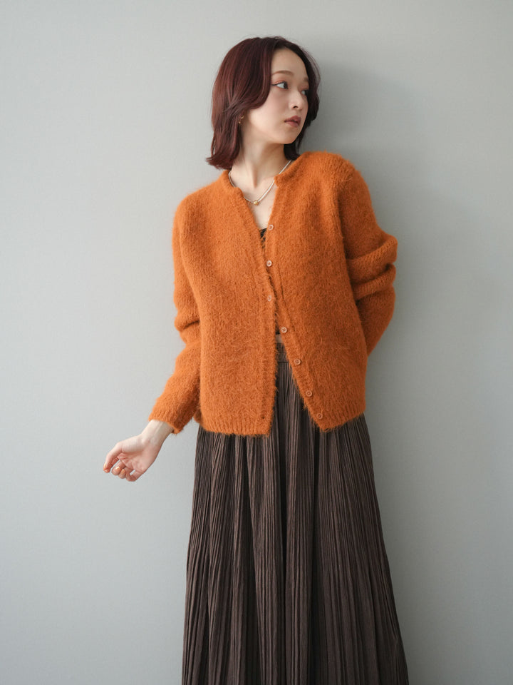 [予約]キーネックシャギーニットカーディガン/camel