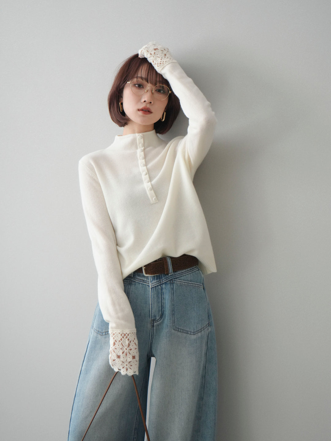 [SET]袖スカラップレースフロントボタンウールニットトップス+選べるアクセセット(2set)