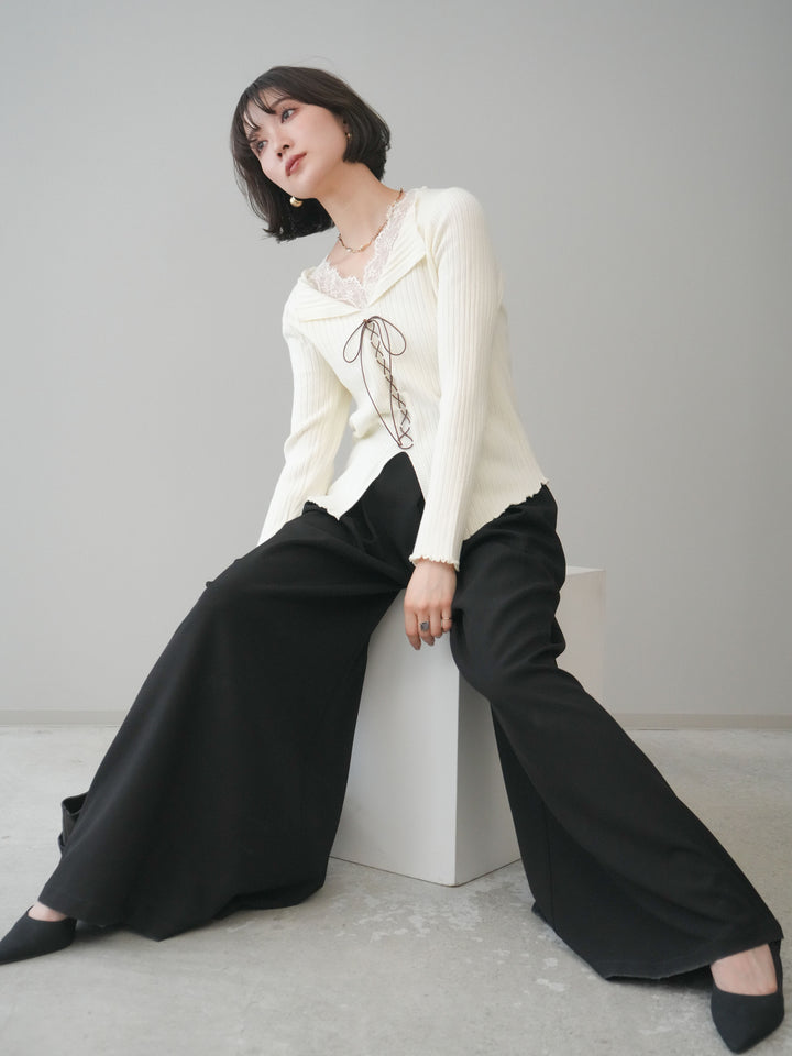 [予約]レースネックレースアップリブニットトップス/ivory