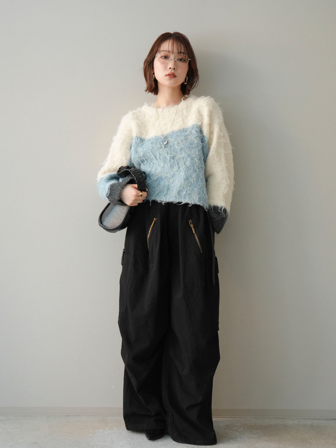 [SET]バイカラーモヘアタッチニットプルオーバー+コットンタックループパンツ(2set)