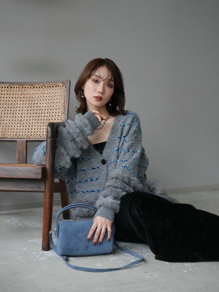 [SET]フェザーライン配色シャギーニットカーディガン+ベロアプリーツナロースカート(2set)