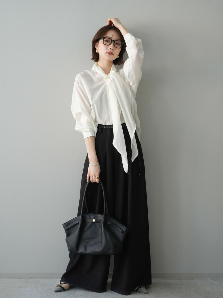 [予約]編み込みベルト付タックワイドパンツ/black