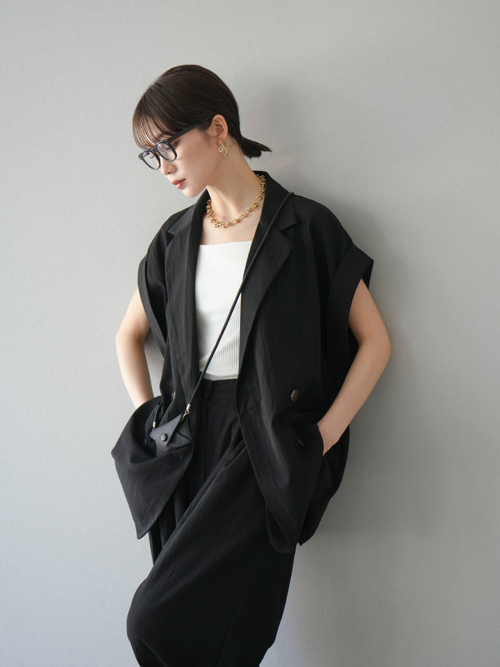 [套裝] 亞麻風格無袖雙背心 + 雙肩帶剪裁羅紋胸罩吊帶背心（2 件套）