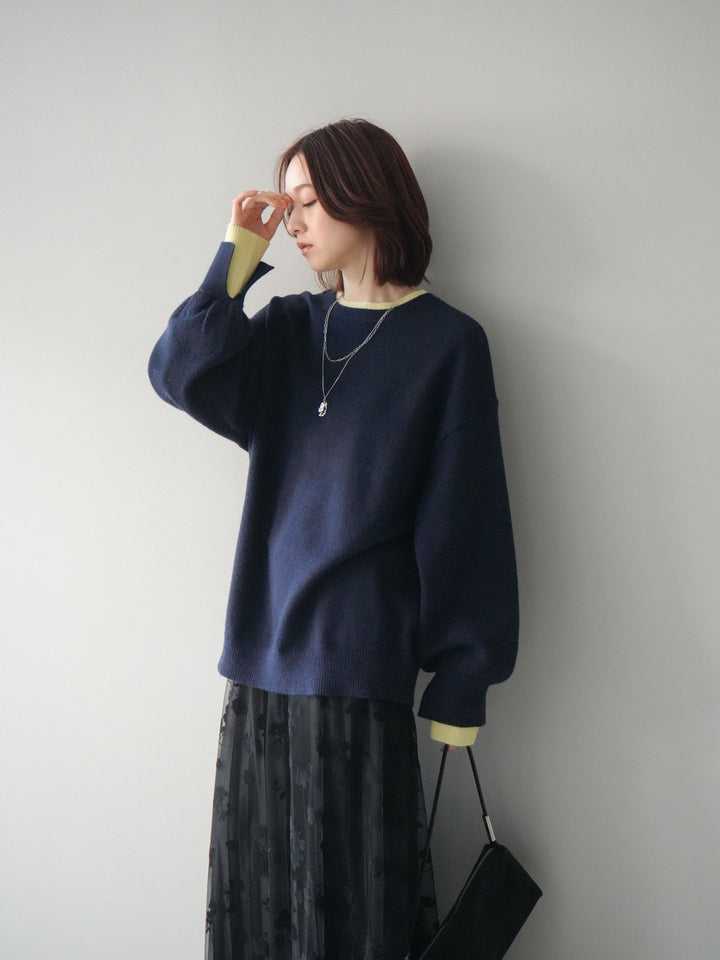 [SET]ヘンリーネック配色レイヤードニットプルオーバー+フラワーフロッキーチュールプリーツスカート(2set)