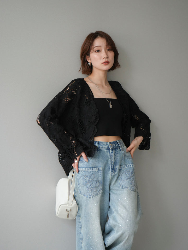 【套裝】3D蕾絲荷葉邊上衣+前口袋串珠闊腿牛仔褲（兩件套）