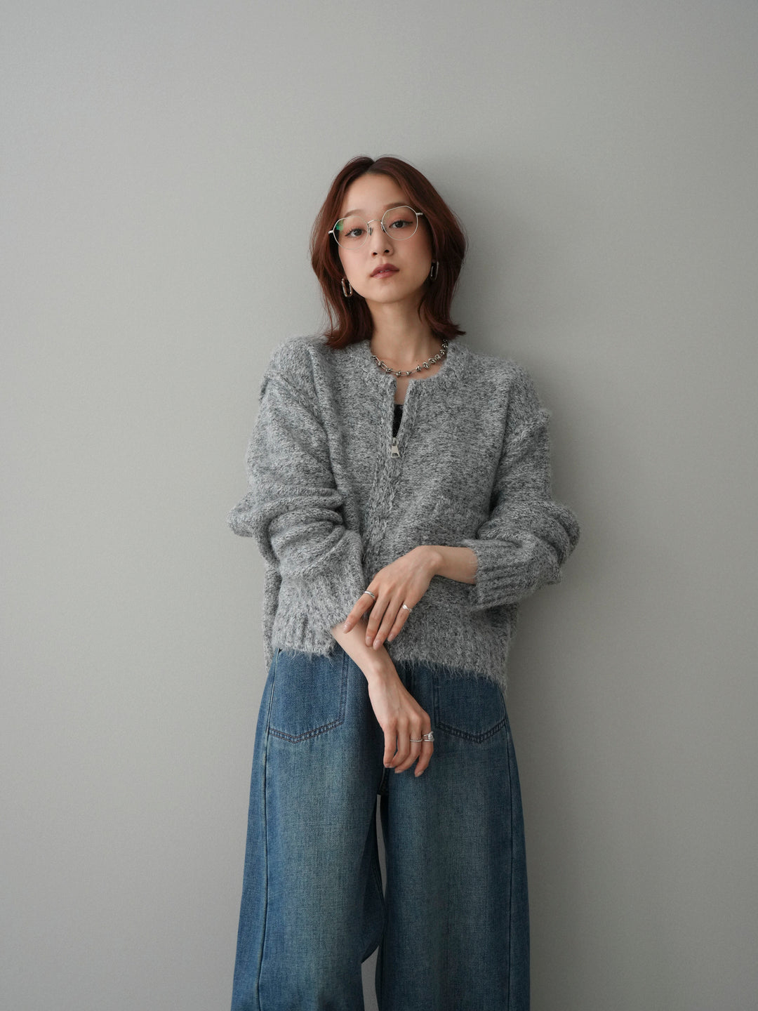 [SET]ミックスヤーンダブルZIPニットカーディガン+ベルト付裏起毛カーブデニムパンツ(2set)