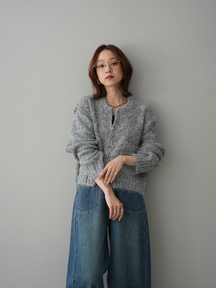 [SET]ミックスヤーンダブルZIPニットカーディガン+ベルト付裏起毛カーブデニムパンツ(2set)