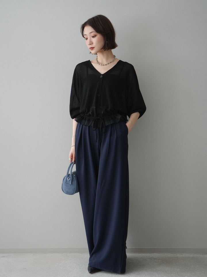 [SET]裾フリルラメシアーニットカーディガン+ダブルバックルベルト付ワイドパンツ(2set)