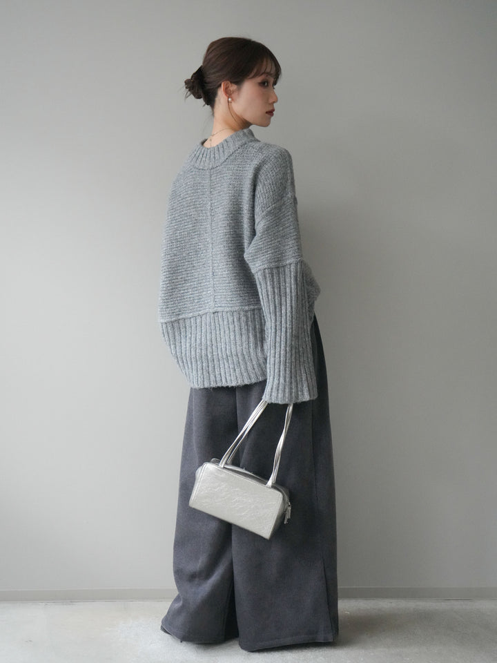 [SET]編み地切替ボトルネックニットプルオーバー+ベルトデザインループコールテンワイドパンツ(ベルト付き)(2set)
