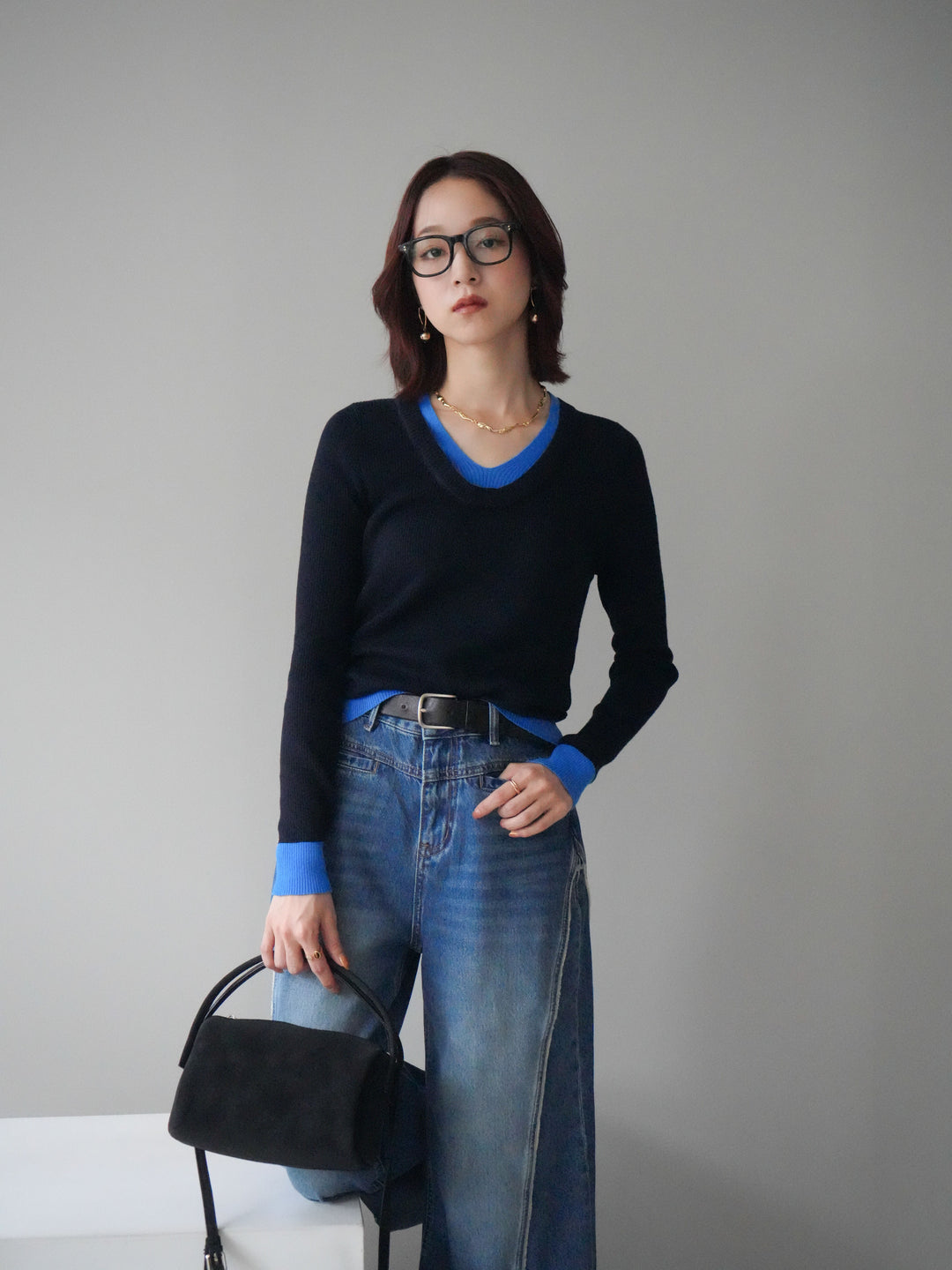 [SET]Uネック配色レイヤードリブニットトップス+サイドフリンジワイドデニムパンツ(2set)