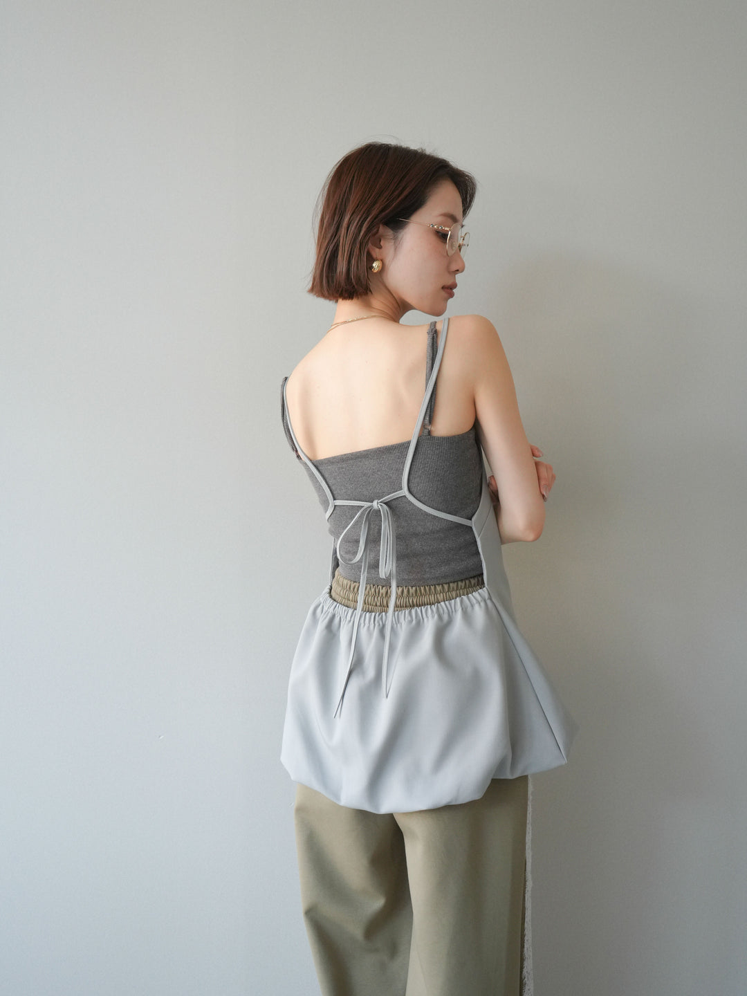 [SET]バックリボンバルーンチュニックキャミ+サイドレースポンチワイドパンツ(2set)