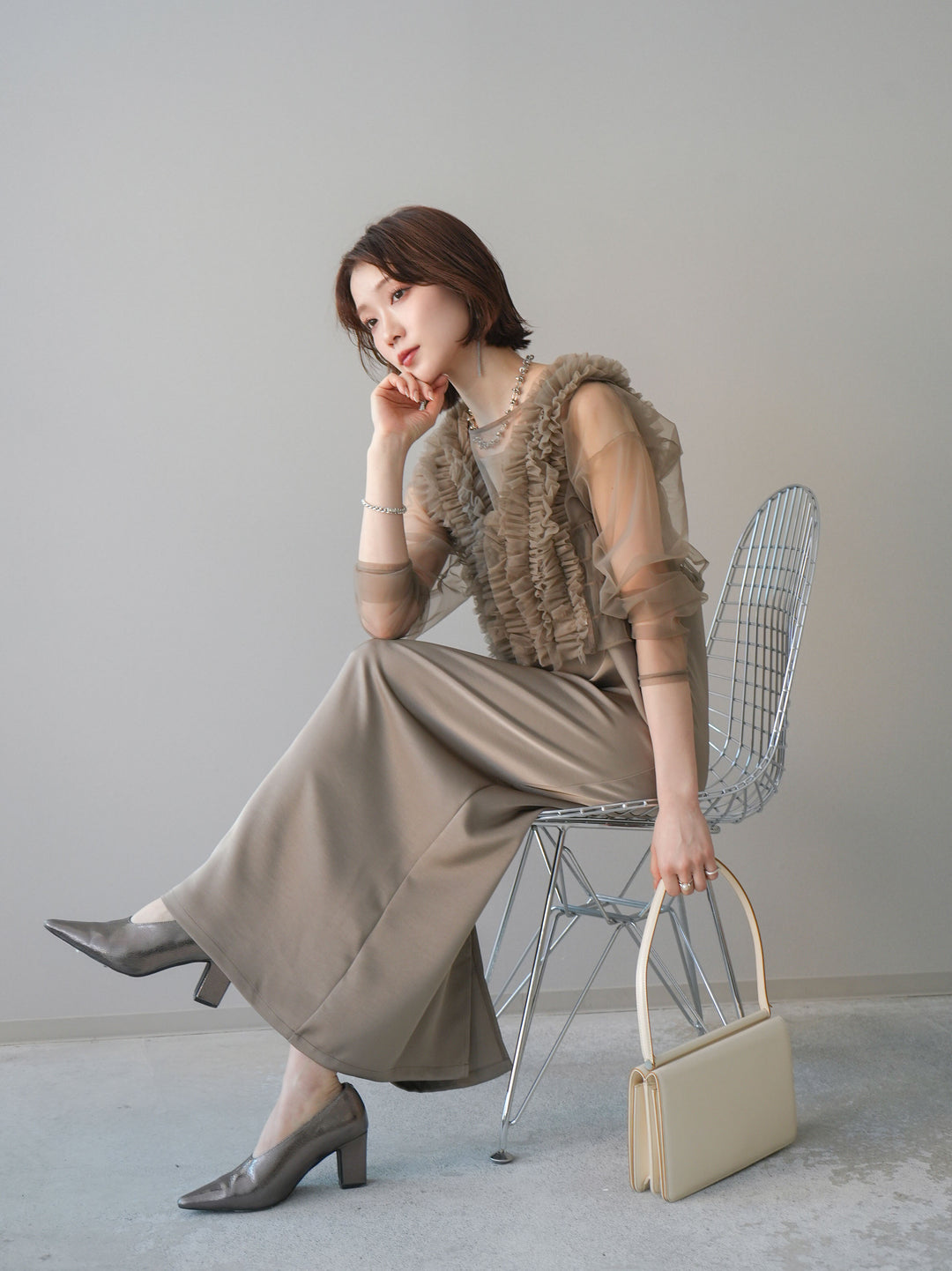 [予約]チュールフリルアンサンブルキャミソールドレス 3点SET/beige