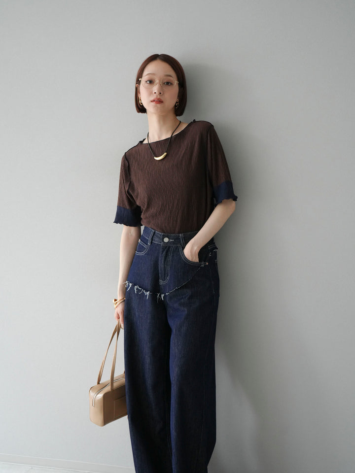 [SET] 百褶同色船領套頭衫 + 臀部設計牛仔褲（2 件組）