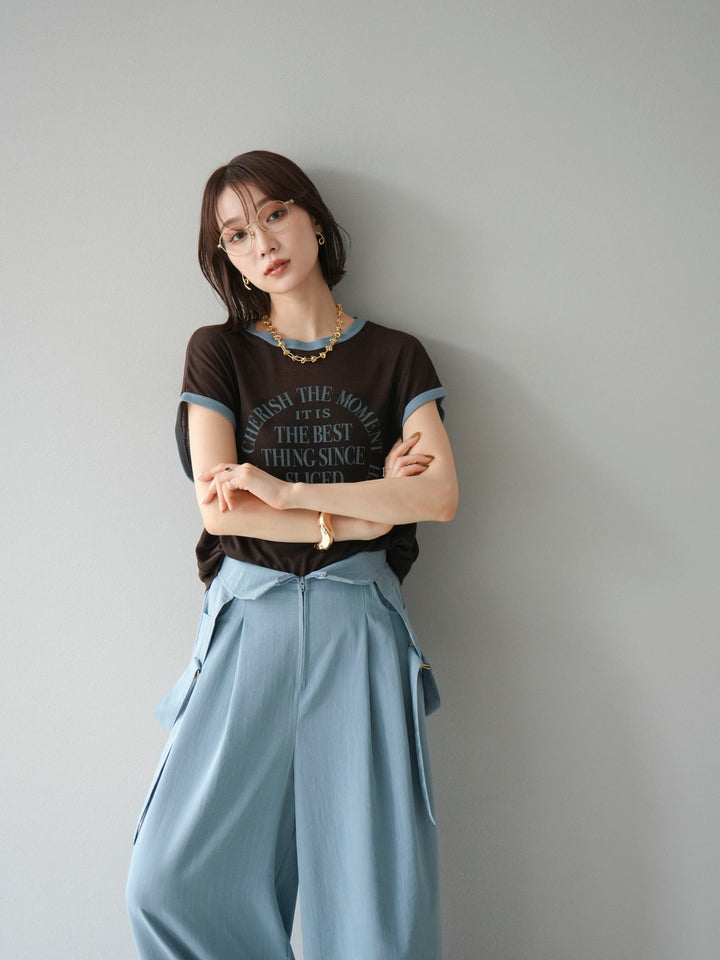 [SET]ストリングデザインハイウエストサロペット+シアーフライス ロゴプリントT (2set)