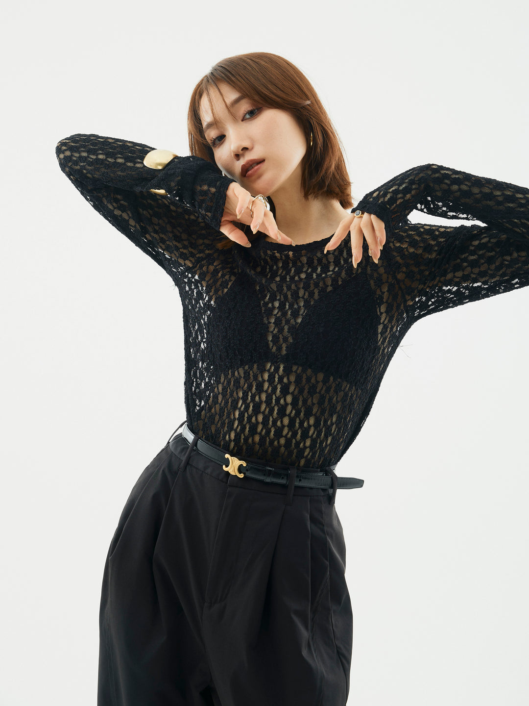 【Allure】[SET]バックラウンドレーストップス+タフタワイドカーブパンツ(2set)