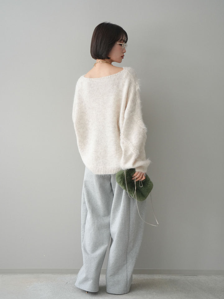 [SET]シャギーデザインニットプルオーバー+裾ZIPスエットワイドパンツ(2set)