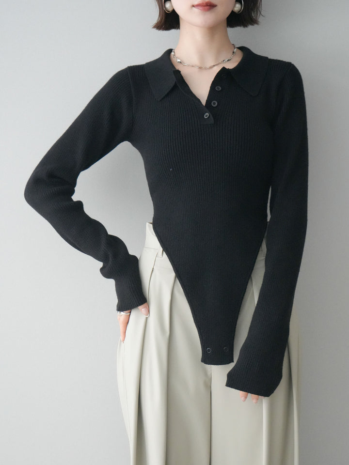 [予約]リブポロニットボディスーツ/black