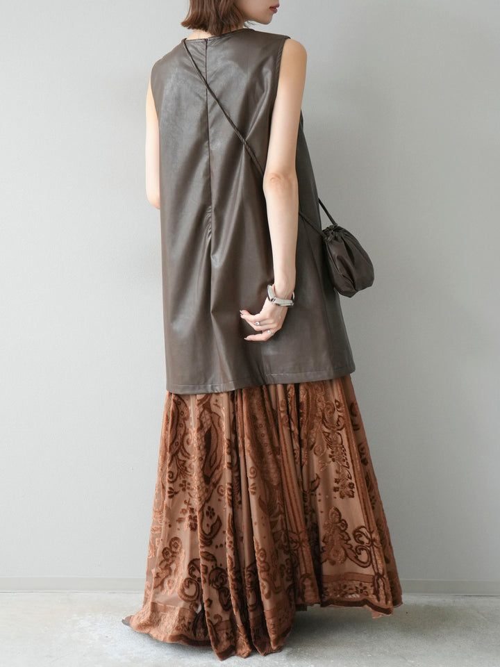 [予約]アンティーク柄フロッキーマキシスカート/ブラウン