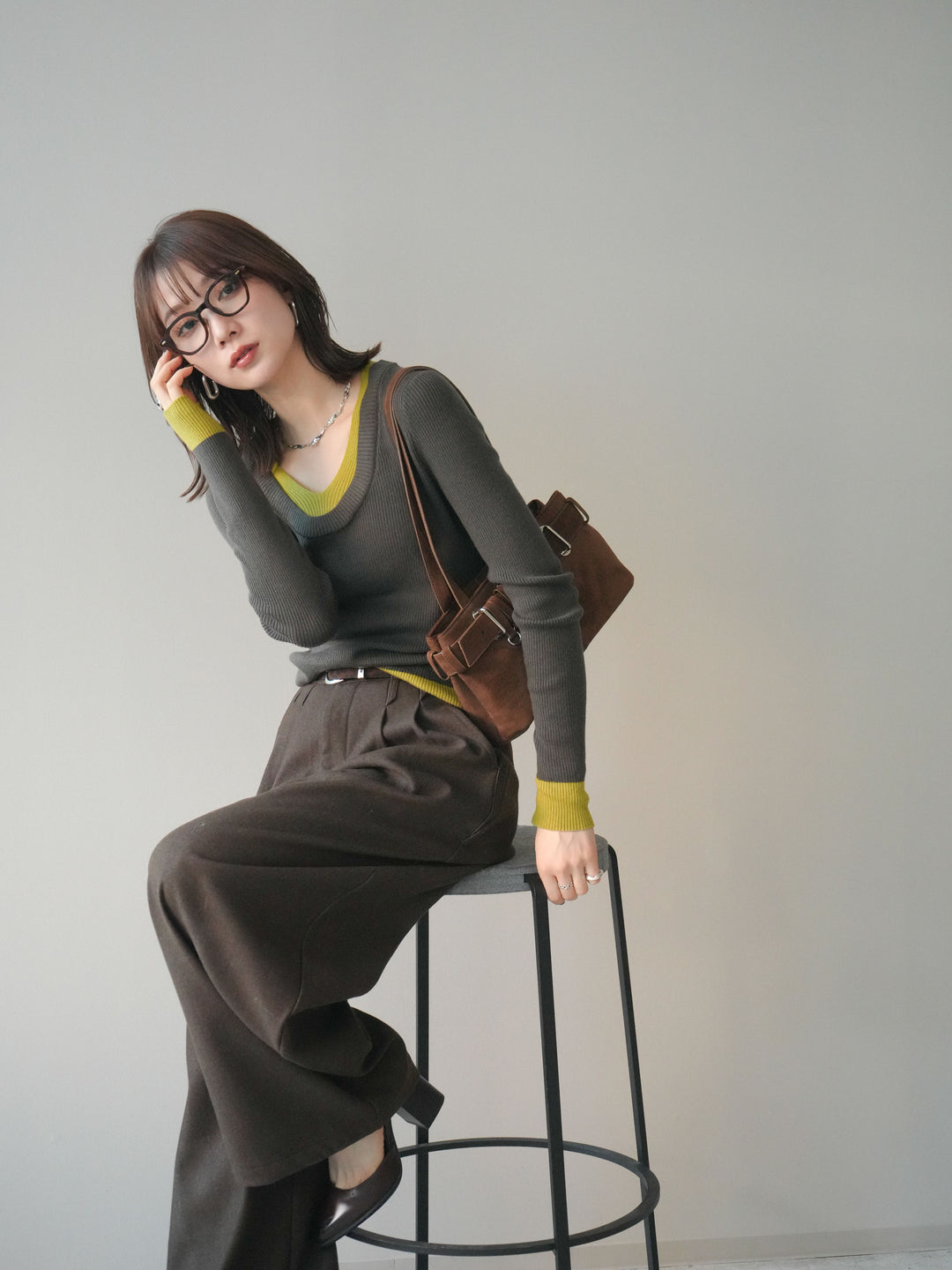 [SET]Uネック配色レイヤードリブニットトップス+選べるアクセセット(2set)