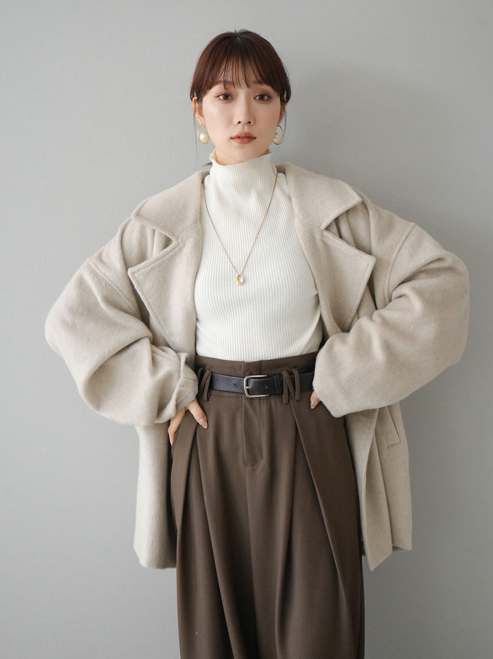 [SET]フェイクビーバーミドルコート+袖ボタンハイネックリブニットトップス+ベルト付ウールタッチワイドパンツL(3set)