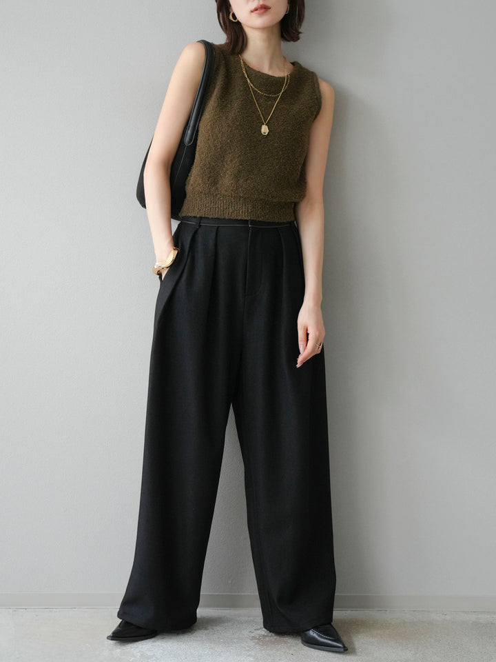 [予約]レザーパイピングタックワイドパンツ/ブラック