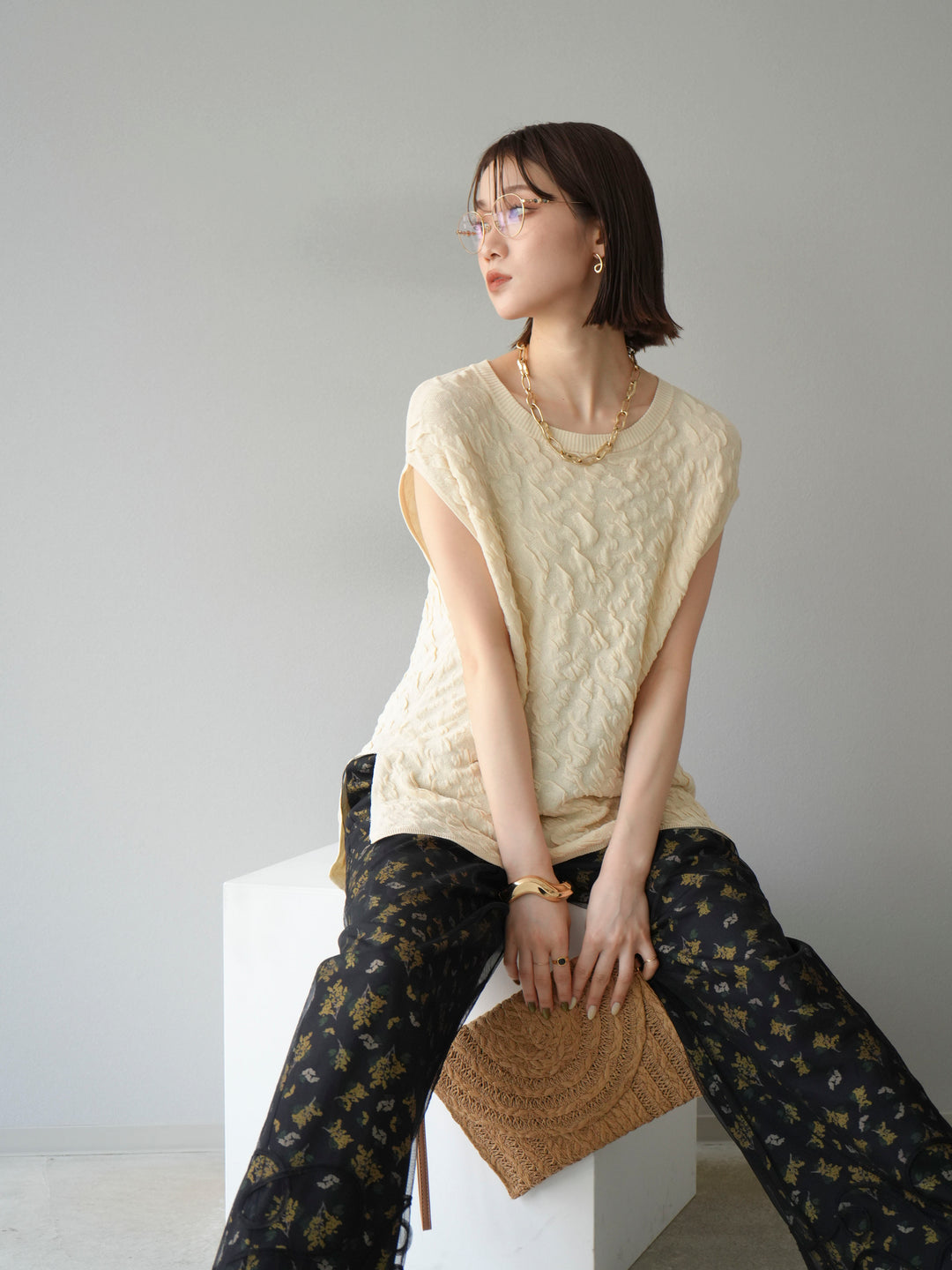 [SET]ポコポコノースリーブニットプルオーバー+コード刺繍チュールレイヤードパンツ(2set)