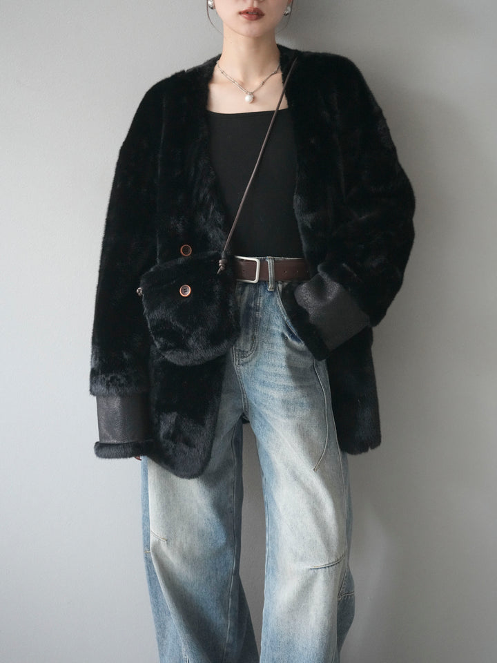 [SET]バッグ付エコファーノーカラーコート+ベルト付カーブデニムパンツ(2set)