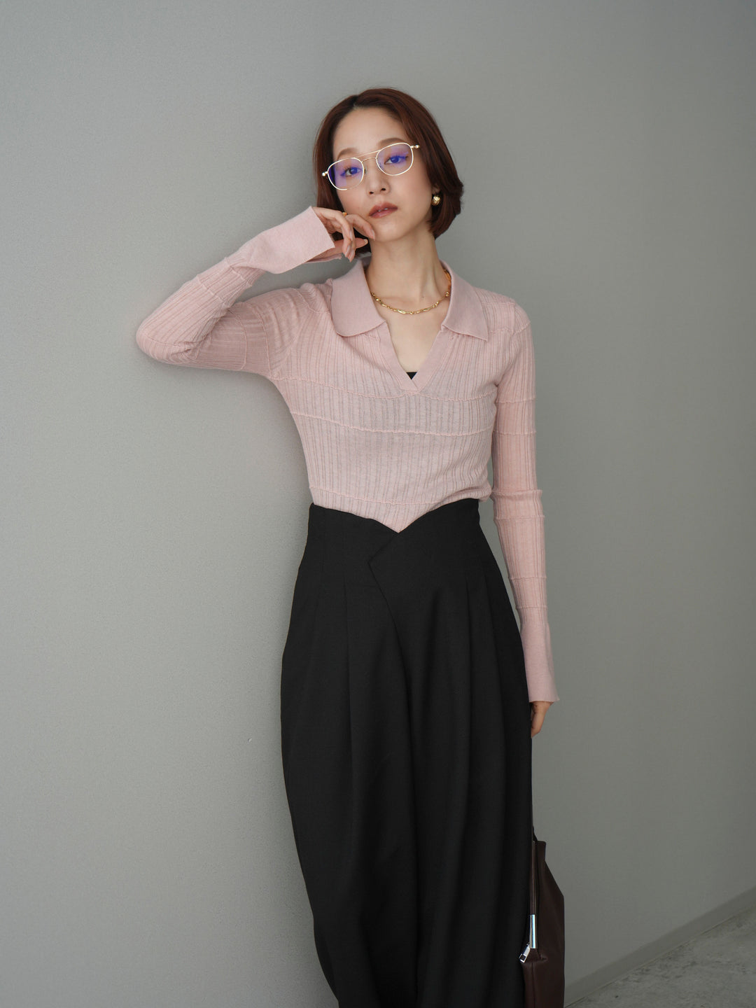 [予約]シアーリブスキッパーニットトップス/pink