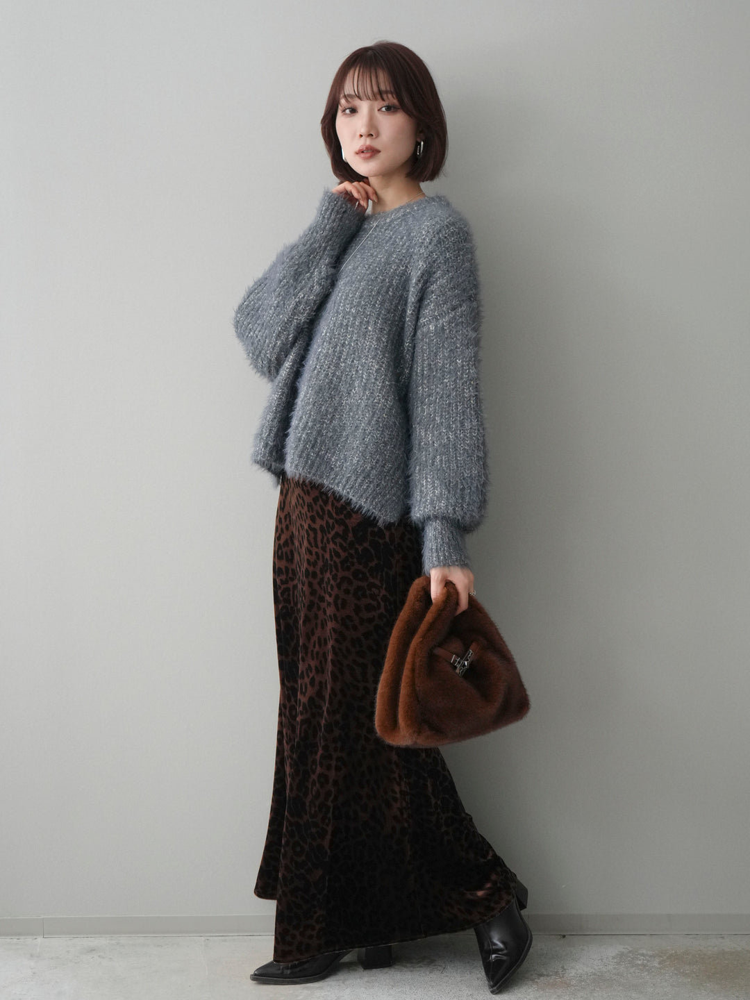 [SET]ボリュームスリーブシャギー MIXニットプルオーバー+レオパードベロアナロースカート(2set)
