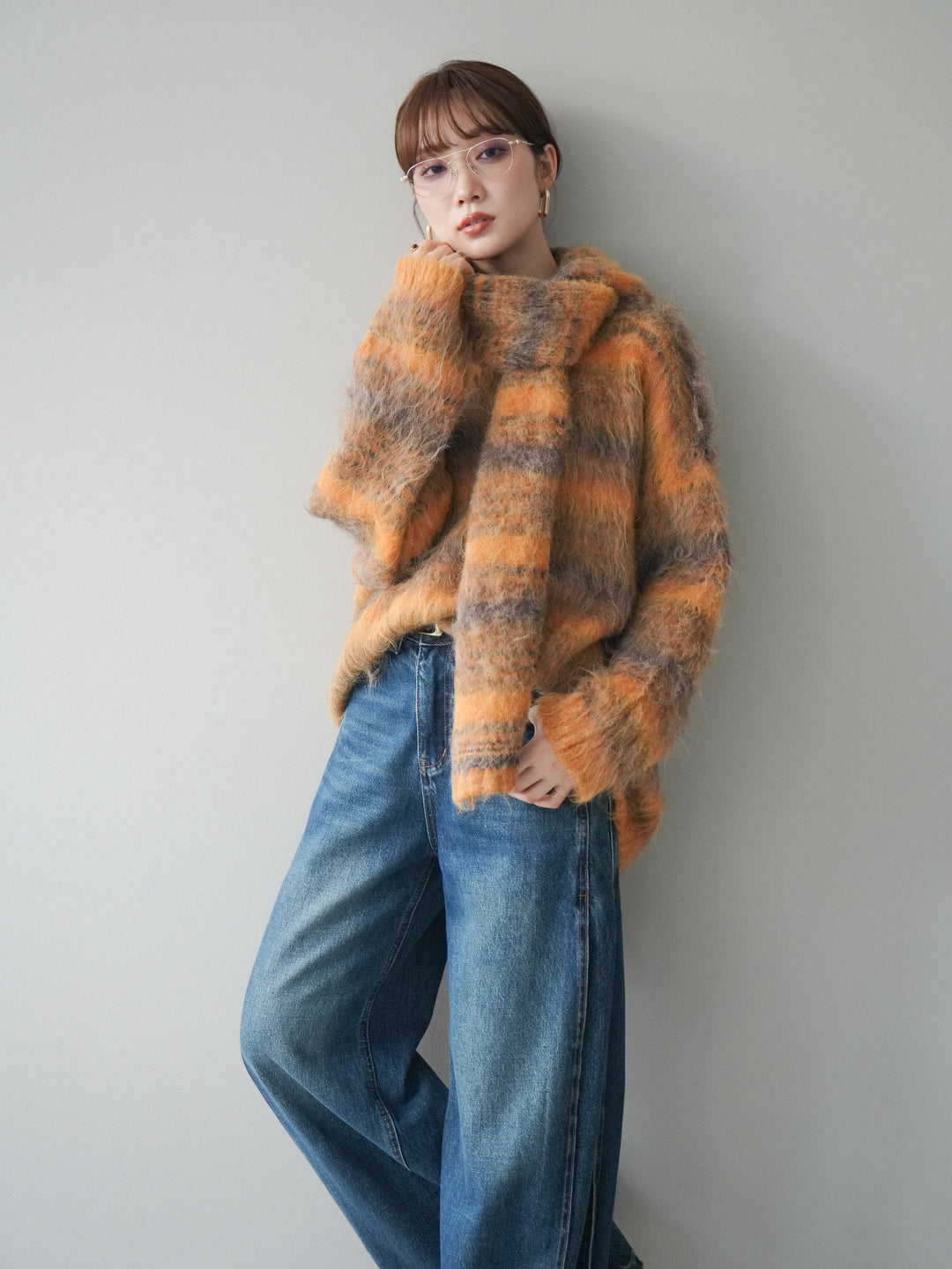 [予約]ストール付シャギーマルチボーダーニットプルオーバー/yellow