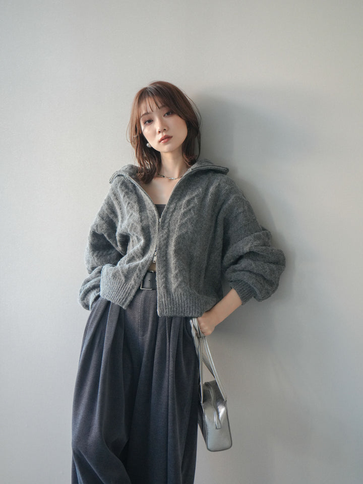 [SET]ケーブル編みハイネックZIPニットカーディガン+ベルトデザインループコールテンワイドパンツ(ベルト付き)(2set)