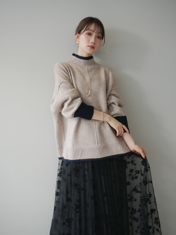 [SET]配色ハイネックニットプルオーバー+選べるアクセセット(2set)