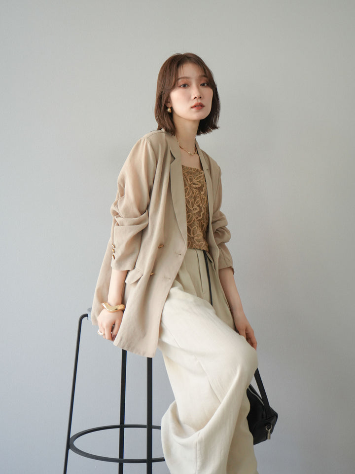 [SET] 金色扣環透視外套 + 滾邊花朵透視天鵝絨吊帶背心 + 繩紋腰帶麻感寬褲 (3 件套)