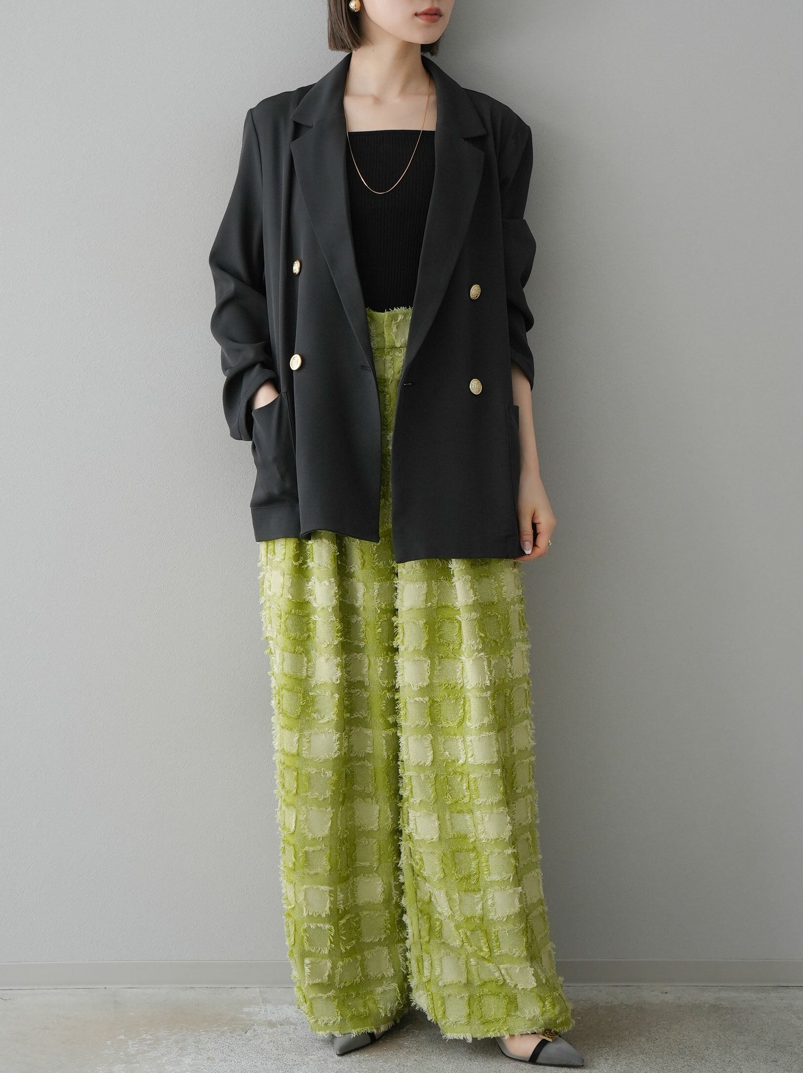 予約]ゴールドボタンダブルテーラードジャケット/チャコール – Lumier