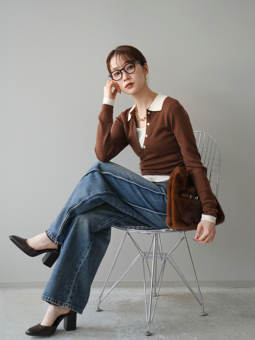 [予約]レイヤード配色ポロニットトップス/brown