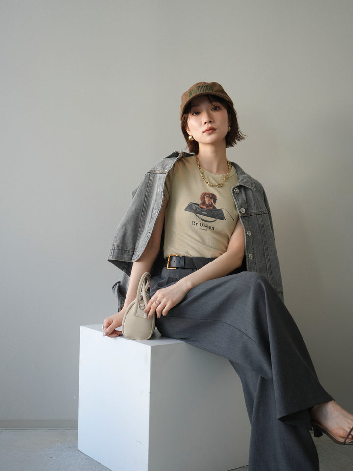 [SET]ラウンドカットコンパクトデニムジャケット+ドッグコンパクトTEE+アシンメトリーベルトタックワイドパンツ(3set)