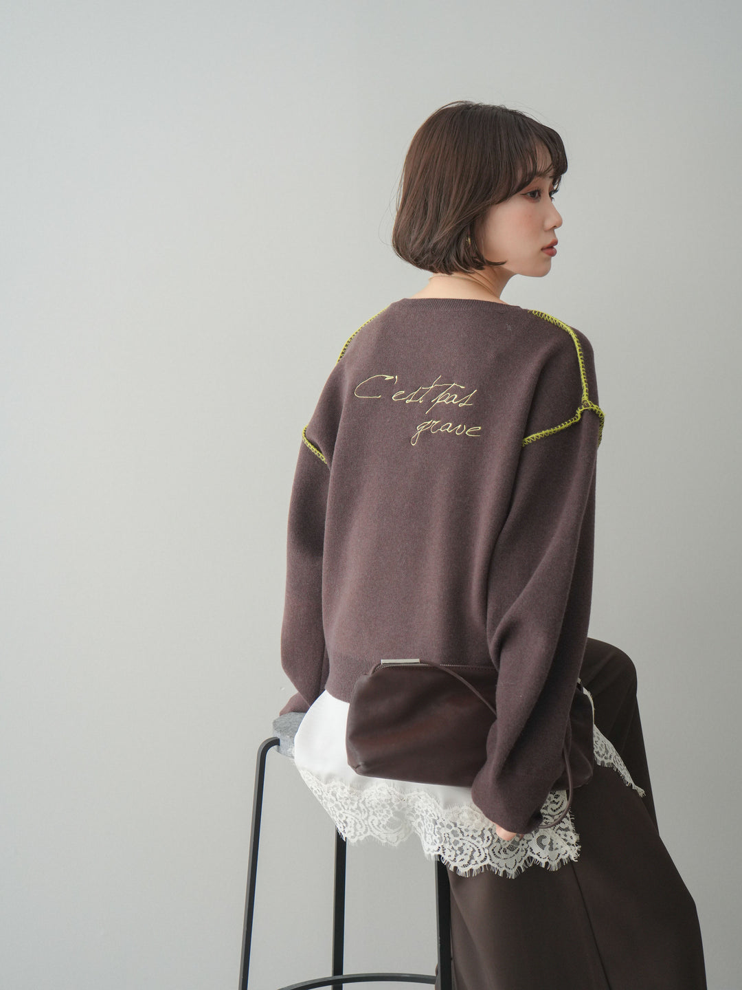 [SET]バックロゴ刺繍配色ステッチニットプルオーバー+選べるアクセセット(2set)