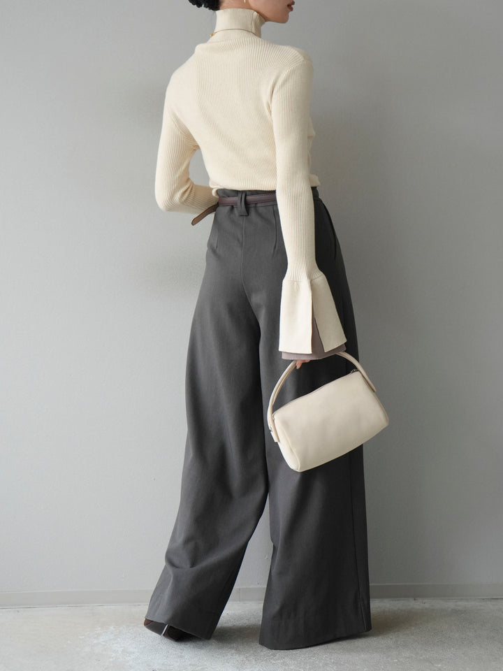 [SET] 疊層喇叭袖高領針織上衣 + 雙褶寬褲 (2 套)