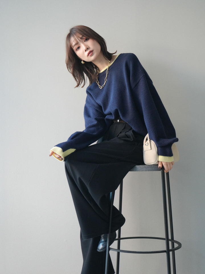 [予約]ヘンリーネック配色レイヤードニットプルオーバー/navy