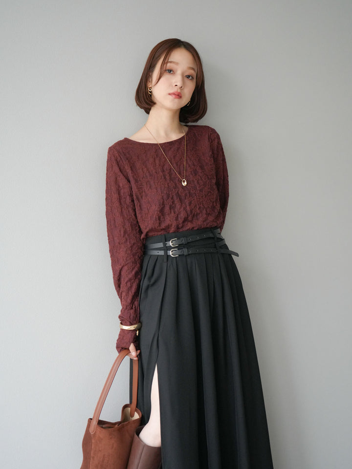 [SET]シアージャガードトップス+エステルプリーツスリットスカート(2set)