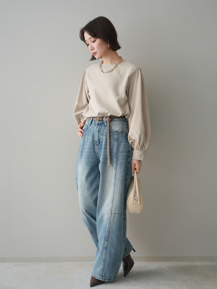 [予約]2WAYピーチスキンボリュームスリーブブラウス/greige